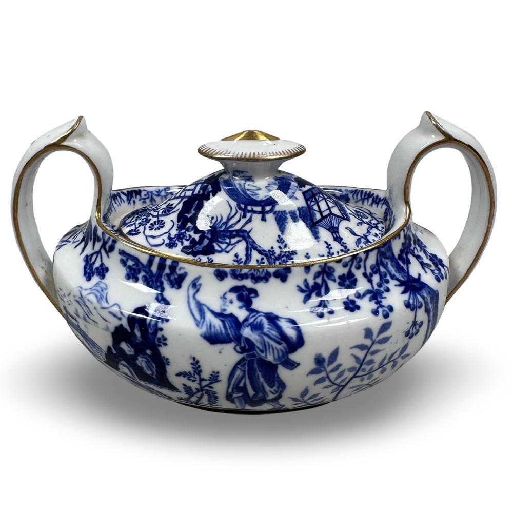 Royal Crown Derby Blue Mikado Covered Sugar Bowl with Lid Gold Trim England READ